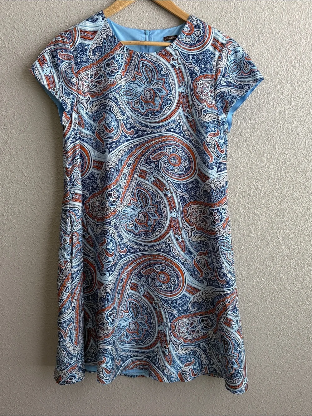 J. McLaughlin Silk Blue Paisley Swing Shift Cap Short Sleeve Lined‎ Dress